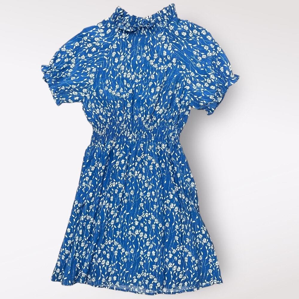 Hayden Floral Smocked High Neck Mini Dress Womens Small Blue Spring Cottage Core